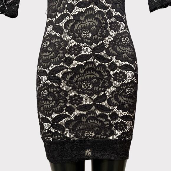 VINTAGE 90s Lace Mini Bodycon Dress sz Small XS Black Witchy Gothic 1/2 Sleeve - Picture 3 of 9